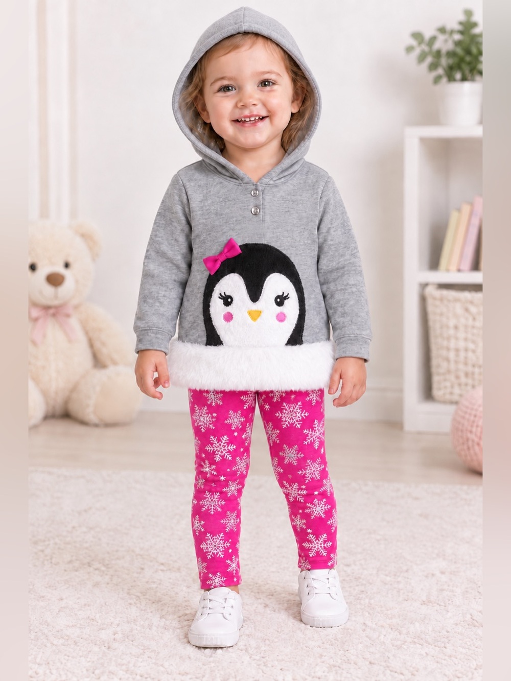 Nannette Faux Fur Penguin Hoodie & Pink Snowflake Leggings Set
